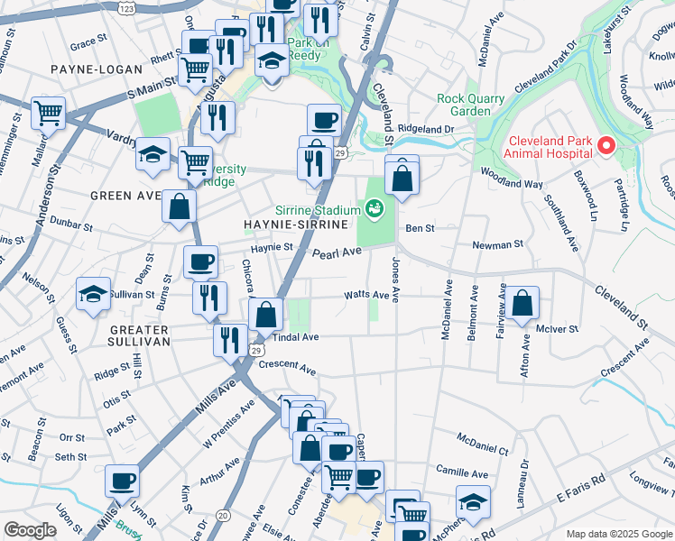 map of restaurants, bars, coffee shops, grocery stores, and more near 115 Rose Avenue in Greenville