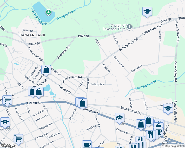map of restaurants, bars, coffee shops, grocery stores, and more near 109 Grant Street in Easley