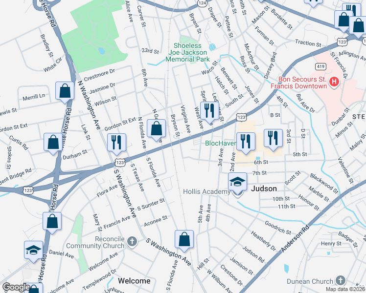 map of restaurants, bars, coffee shops, grocery stores, and more near 12 Elmwood Avenue in Greenville