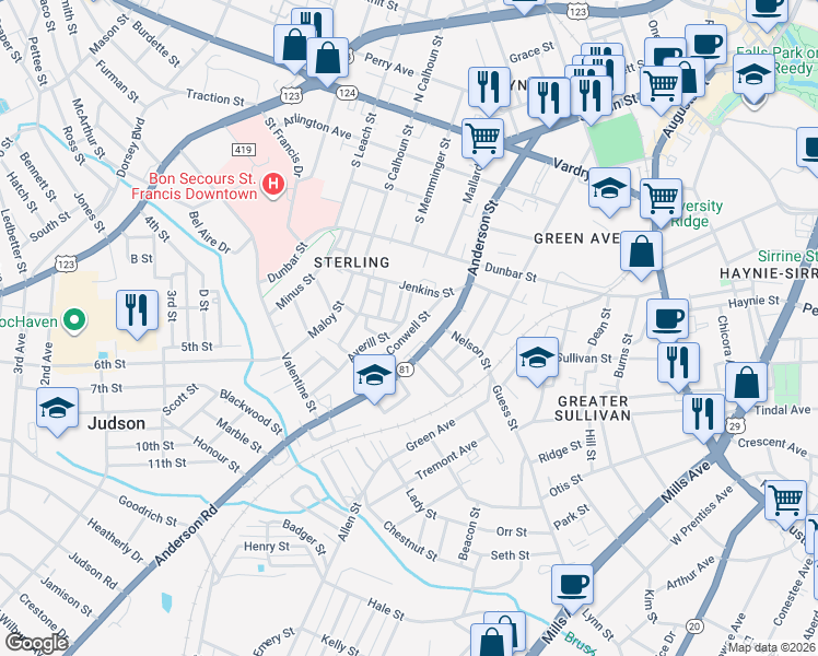 map of restaurants, bars, coffee shops, grocery stores, and more near 42 Conwell Street in Greenville