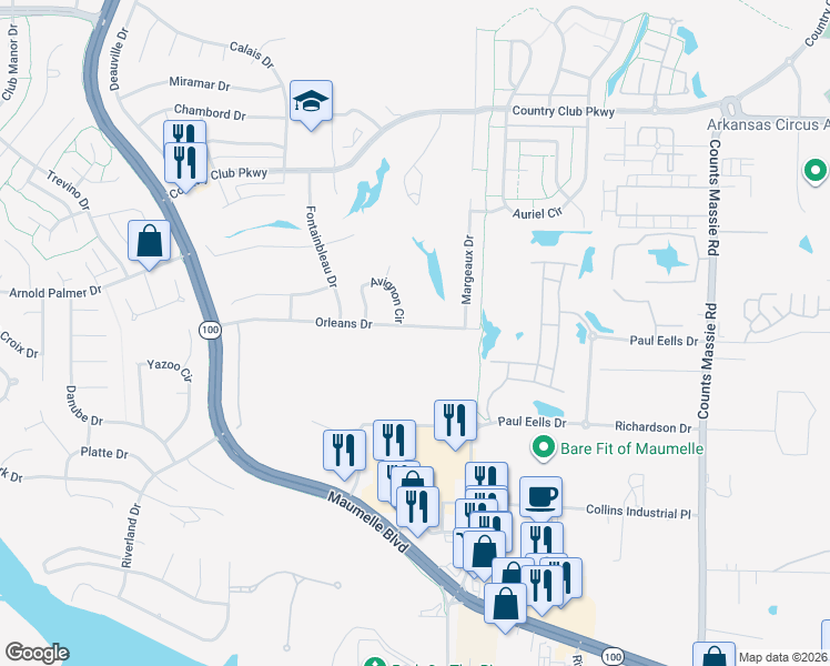 map of restaurants, bars, coffee shops, grocery stores, and more near 152 Orleans Drive in Maumelle