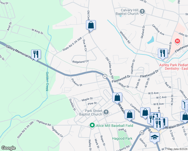 map of restaurants, bars, coffee shops, grocery stores, and more near 507 King Street in Easley