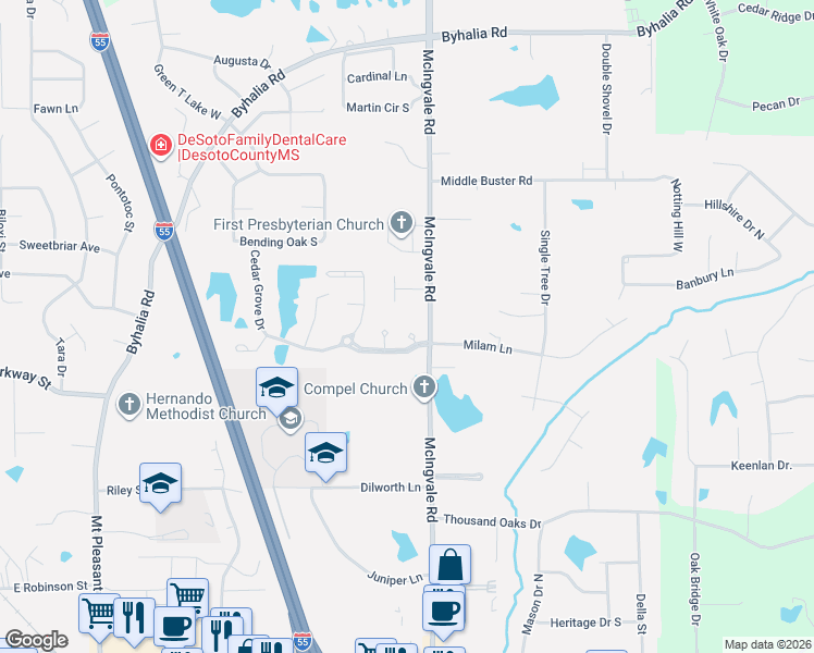 map of restaurants, bars, coffee shops, grocery stores, and more near 1677 Cedar Trail Cove in Hernando