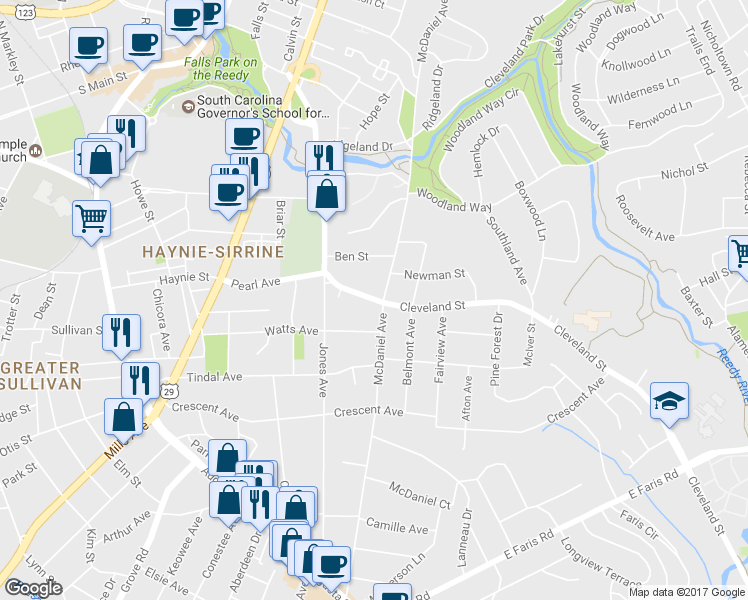 map of restaurants, bars, coffee shops, grocery stores, and more near 260 Cleveland Street in Greenville