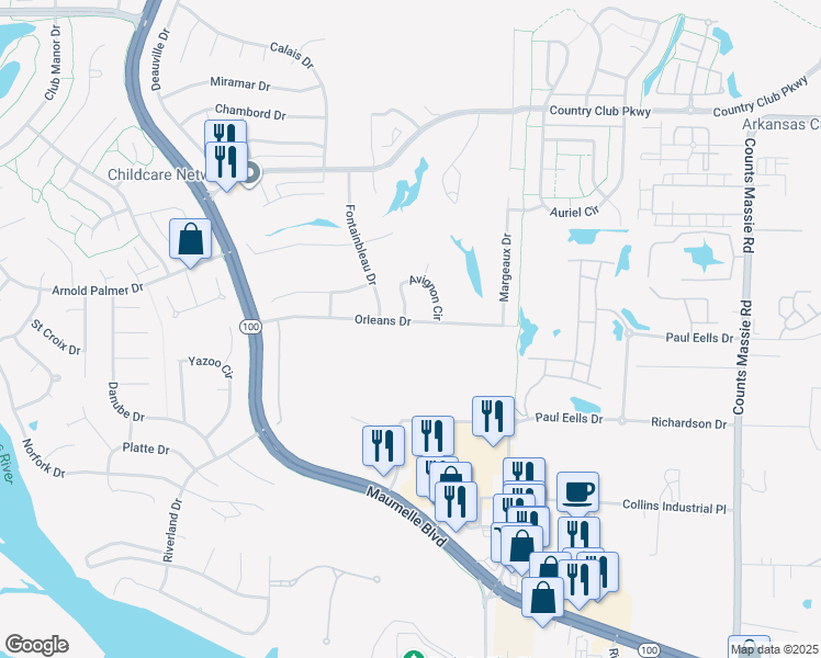 map of restaurants, bars, coffee shops, grocery stores, and more near 140 Orleans Drive in Maumelle