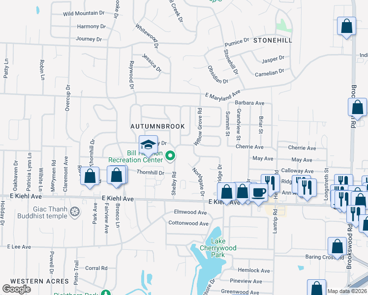 map of restaurants, bars, coffee shops, grocery stores, and more near 5700 Woodridge Lane in Sherwood