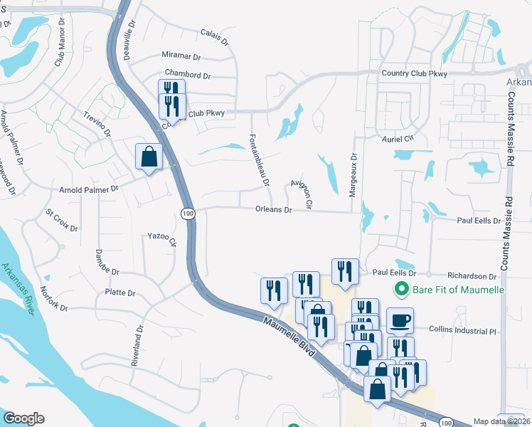 map of restaurants, bars, coffee shops, grocery stores, and more near 130 Orleans Drive in Maumelle
