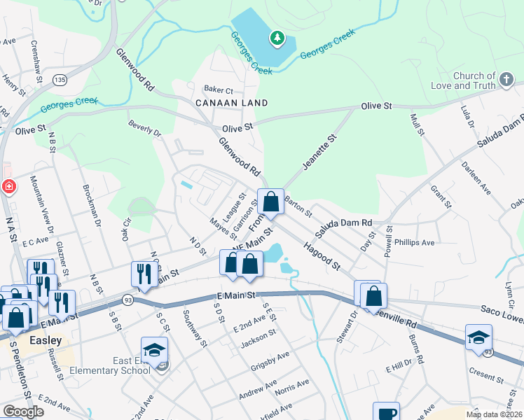 map of restaurants, bars, coffee shops, grocery stores, and more near 209 Front Street in Easley