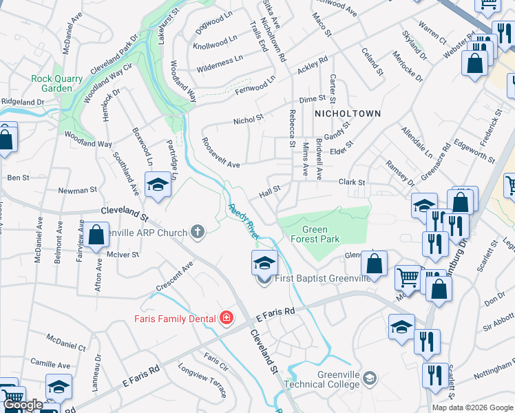 map of restaurants, bars, coffee shops, grocery stores, and more near 5 Colorado Street in Greenville