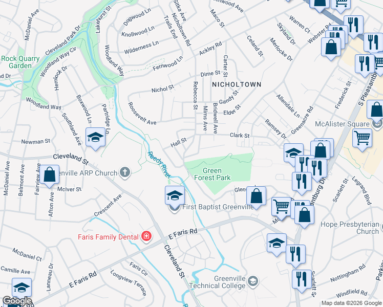 map of restaurants, bars, coffee shops, grocery stores, and more near 114 Hilton Street in Greenville