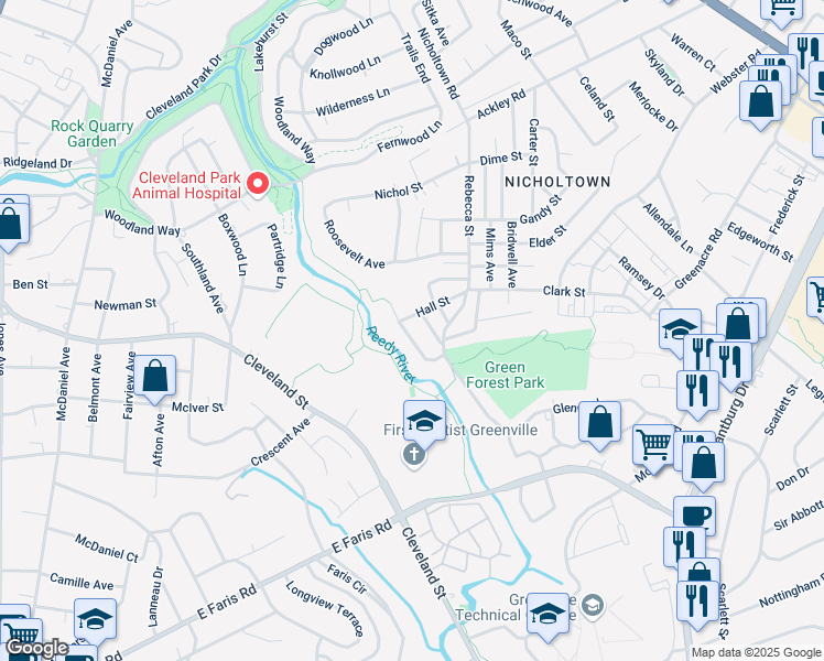 map of restaurants, bars, coffee shops, grocery stores, and more near 5 Colorado Street in Greenville