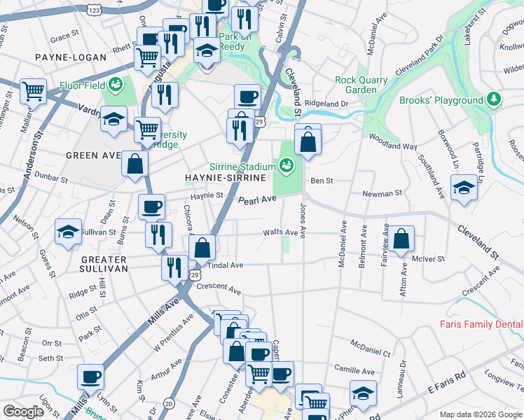 map of restaurants, bars, coffee shops, grocery stores, and more near 115 Rose Avenue in Greenville