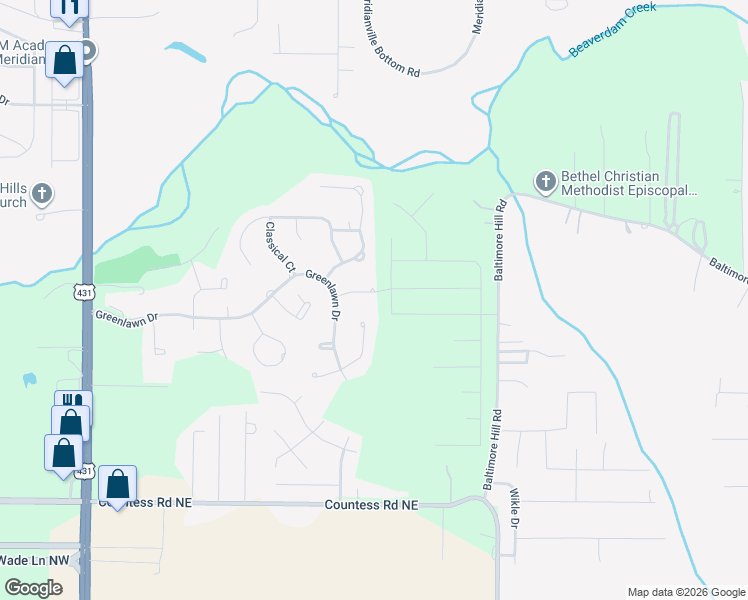 map of restaurants, bars, coffee shops, grocery stores, and more near 108 Villa Drive in Meridianville