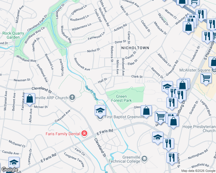 map of restaurants, bars, coffee shops, grocery stores, and more near 114 Hilton Street in Greenville