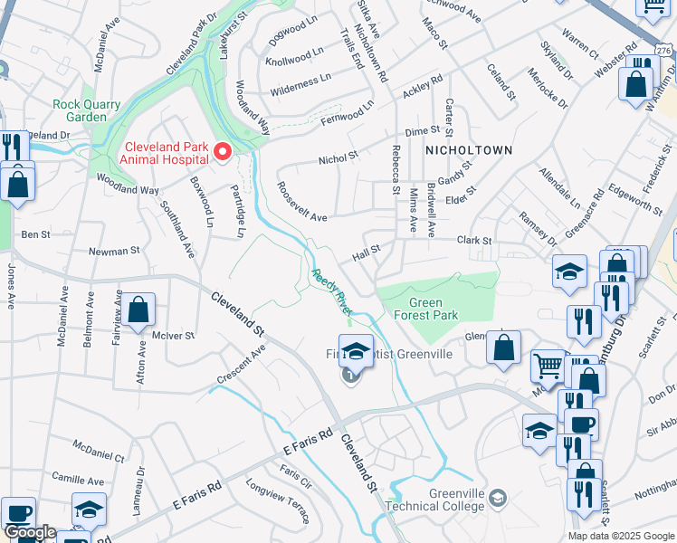 map of restaurants, bars, coffee shops, grocery stores, and more near 14 Baxter Street in Greenville