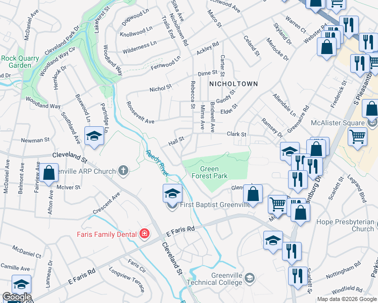 map of restaurants, bars, coffee shops, grocery stores, and more near 114 Hilton Street in Greenville