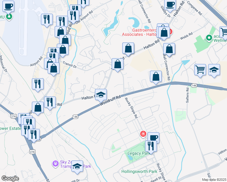 map of restaurants, bars, coffee shops, grocery stores, and more near 19 Halton Green Way in Greenville