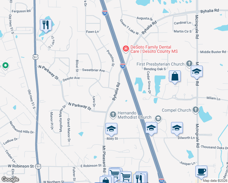 map of restaurants, bars, coffee shops, grocery stores, and more near 1635 Mount Pleasant Road in Hernando