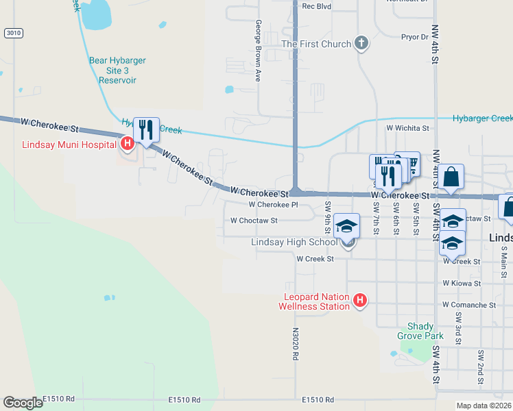 map of restaurants, bars, coffee shops, grocery stores, and more near 204 Southwest 10th Street in Lindsay