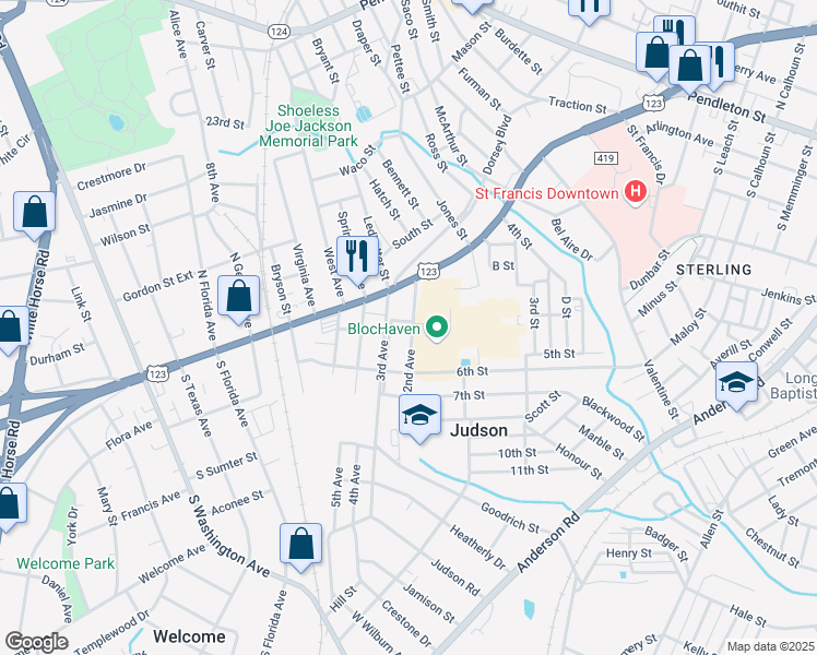 map of restaurants, bars, coffee shops, grocery stores, and more near 916 2nd Avenue in Greenville