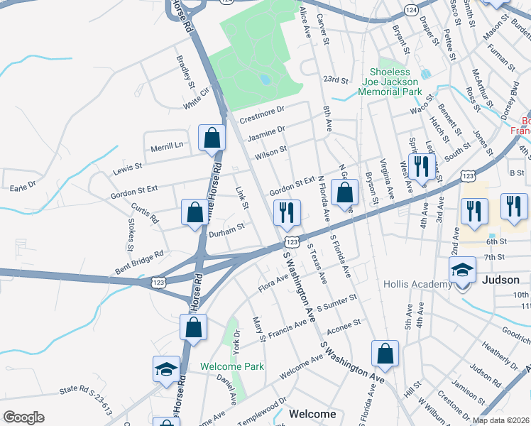 map of restaurants, bars, coffee shops, grocery stores, and more near 19 North Washington Avenue in Greenville