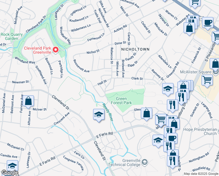 map of restaurants, bars, coffee shops, grocery stores, and more near 114 Hilton Street in Greenville