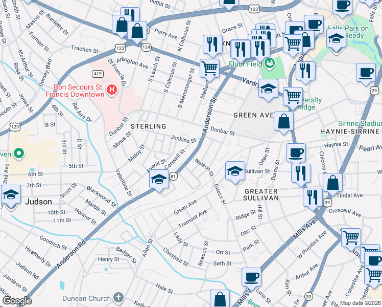 map of restaurants, bars, coffee shops, grocery stores, and more near 105 Nelson Street in Greenville