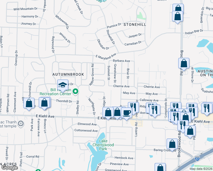 map of restaurants, bars, coffee shops, grocery stores, and more near 8634 Woodridge Drive in Sherwood