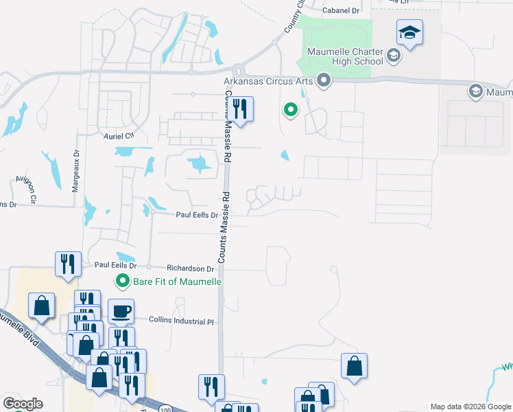 map of restaurants, bars, coffee shops, grocery stores, and more near Paul Eels Drive in North Little Rock