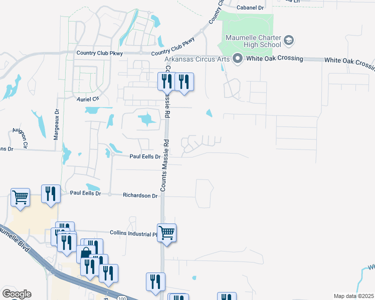 map of restaurants, bars, coffee shops, grocery stores, and more near Paul Eels Drive in North Little Rock