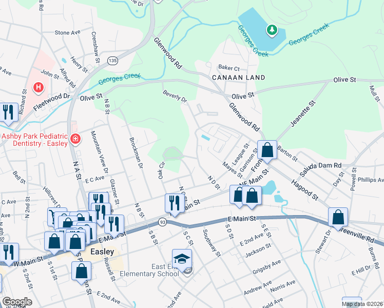 map of restaurants, bars, coffee shops, grocery stores, and more near 505 Oak Circle in Easley