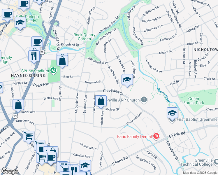 map of restaurants, bars, coffee shops, grocery stores, and more near 601 Cleveland Street in Greenville
