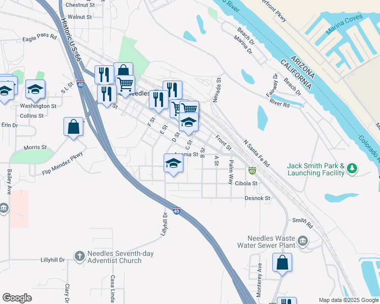 map of restaurants, bars, coffee shops, grocery stores, and more near 305 C Street in Needles