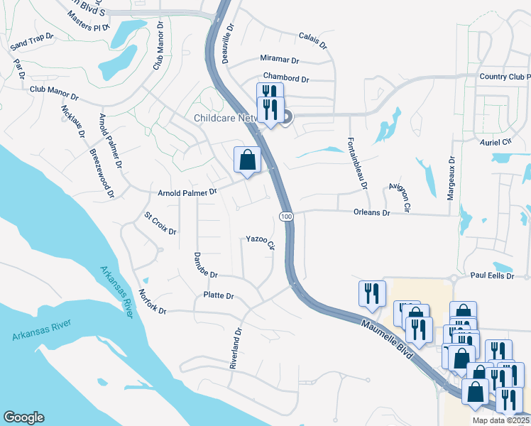 map of restaurants, bars, coffee shops, grocery stores, and more near 11 Yazoo Cove in Maumelle