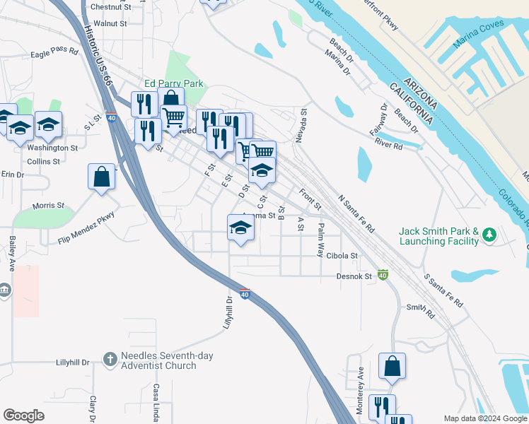 map of restaurants, bars, coffee shops, grocery stores, and more near 305 C Street in Needles