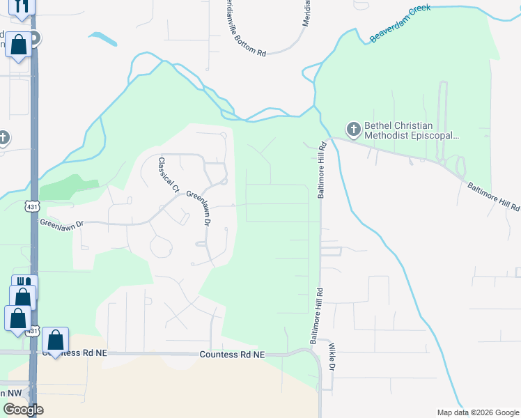 map of restaurants, bars, coffee shops, grocery stores, and more near 108 Villa Drive in Meridianville