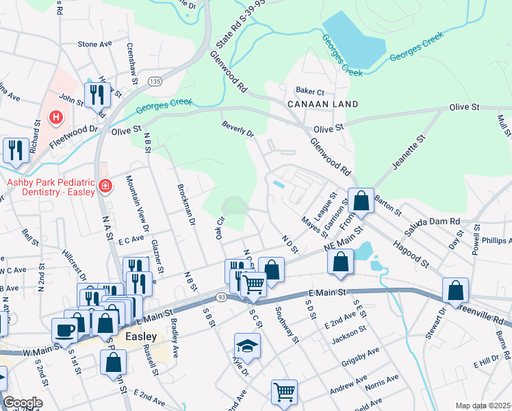map of restaurants, bars, coffee shops, grocery stores, and more near 505 Oak Circle in Easley