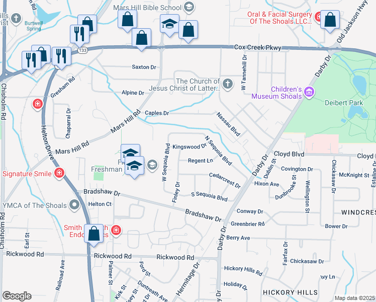 map of restaurants, bars, coffee shops, grocery stores, and more near 121 Kingswood Drive in Florence