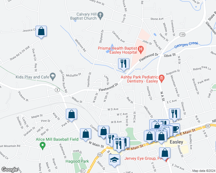 map of restaurants, bars, coffee shops, grocery stores, and more near 238 North 5th Street in Easley