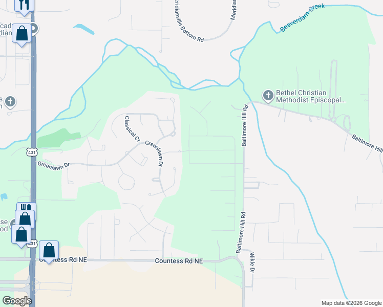 map of restaurants, bars, coffee shops, grocery stores, and more near 108 Villa Drive in Meridianville