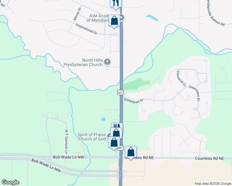map of restaurants, bars, coffee shops, grocery stores, and more near 11191 U.S. 431 in Meridianville