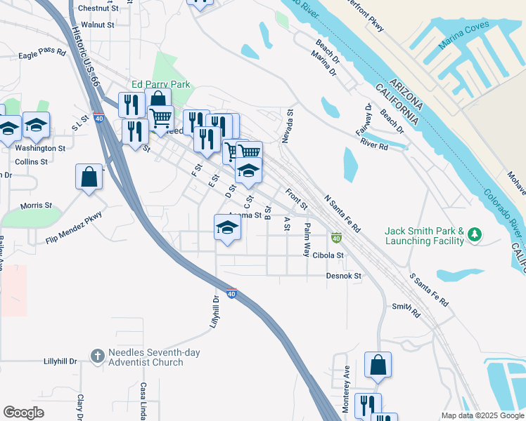 map of restaurants, bars, coffee shops, grocery stores, and more near 508 Acoma Street in Needles