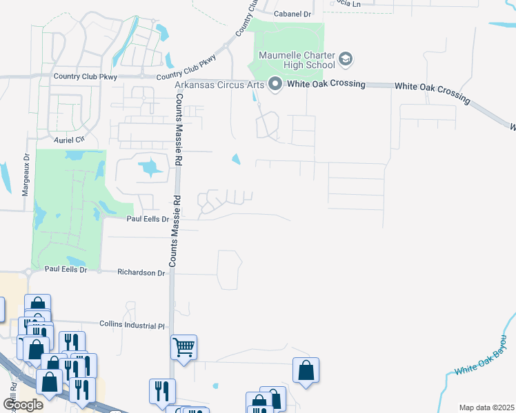 map of restaurants, bars, coffee shops, grocery stores, and more near 10801 Paul Eells Drive in North Little Rock