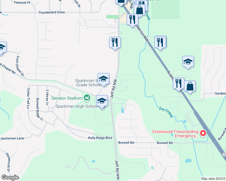 map of restaurants, bars, coffee shops, grocery stores, and more near 2680 Jeff Road Northwest in Harvest