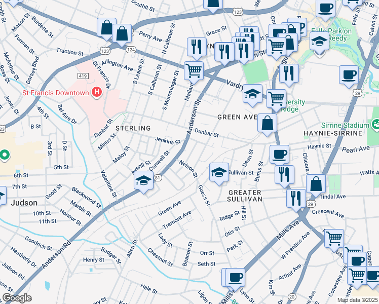 map of restaurants, bars, coffee shops, grocery stores, and more near 614 Green Avenue in Greenville