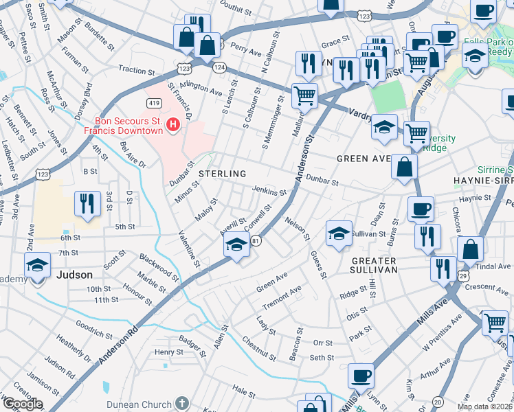 map of restaurants, bars, coffee shops, grocery stores, and more near 42 Conwell Street in Greenville