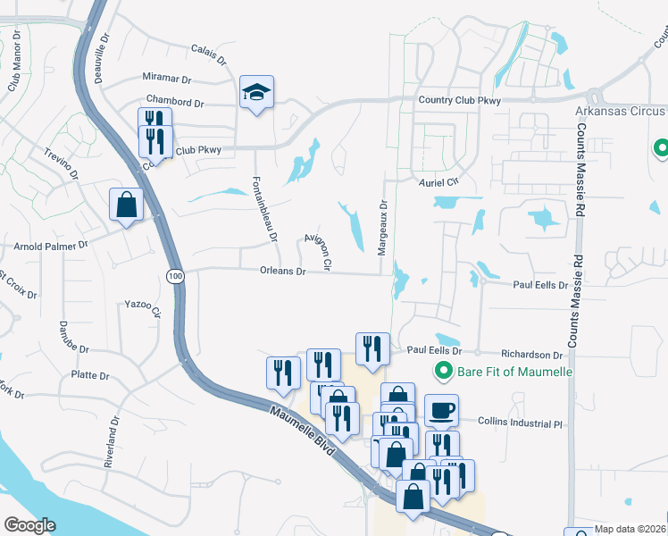 map of restaurants, bars, coffee shops, grocery stores, and more near 152 Orleans Drive in Maumelle