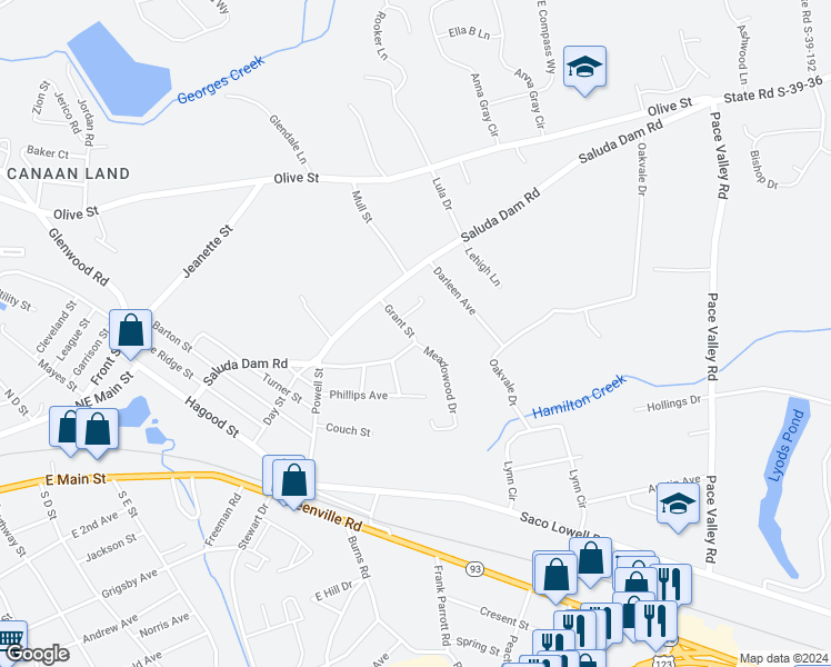 map of restaurants, bars, coffee shops, grocery stores, and more near 402 Grant Street in Easley