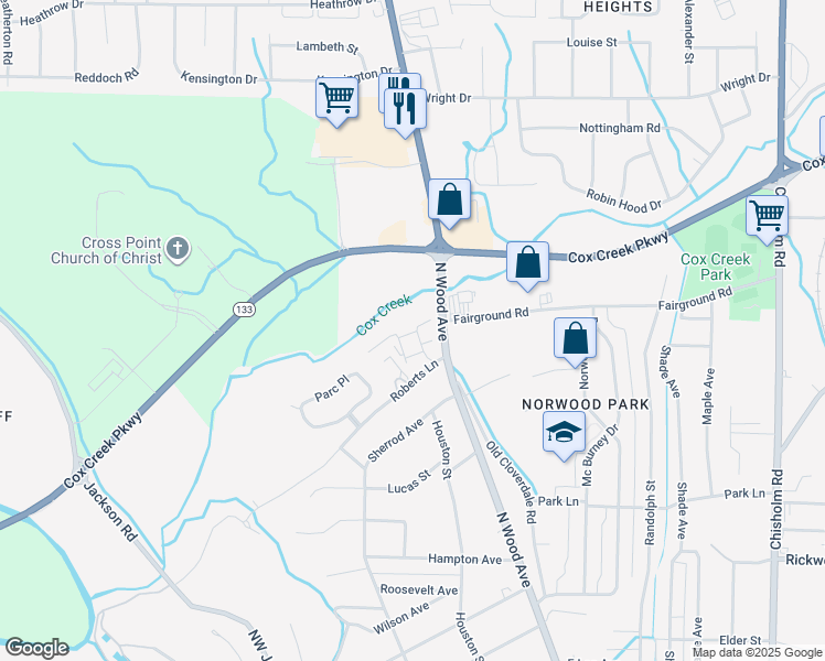 map of restaurants, bars, coffee shops, grocery stores, and more near 2374 Roberts Lane in Florence
