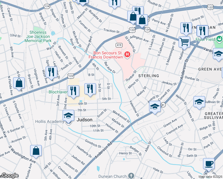 map of restaurants, bars, coffee shops, grocery stores, and more near 11 E Street in Greenville